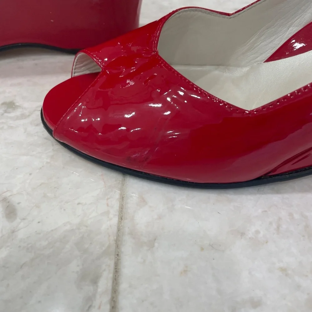 TARYN ROSE {39.5} Red Wedge Patent Leather Peep Toe Candy Apple Red 
